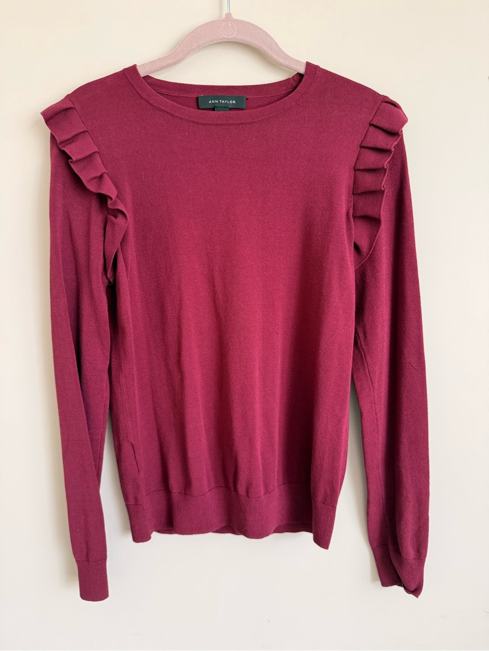 Ann Taylor Ruffle Shoulder Long Sleeve Sweater - Berry